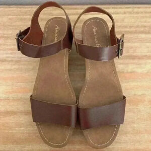 American Eagle 9.5 Women Brown Faux Wood Ankle‎ Strap Clog Heel Platform Sandals